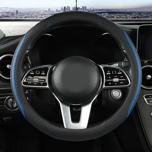 Car Steering Wheel Cover, Leather Steering Wheel Cover Blue Universal 14.5-15 Inch Microfiber Leather Anti-Slip Breathable Auto Steering Wheel Covers for Men Women (Black&Blue-2) - color: Blue-2A