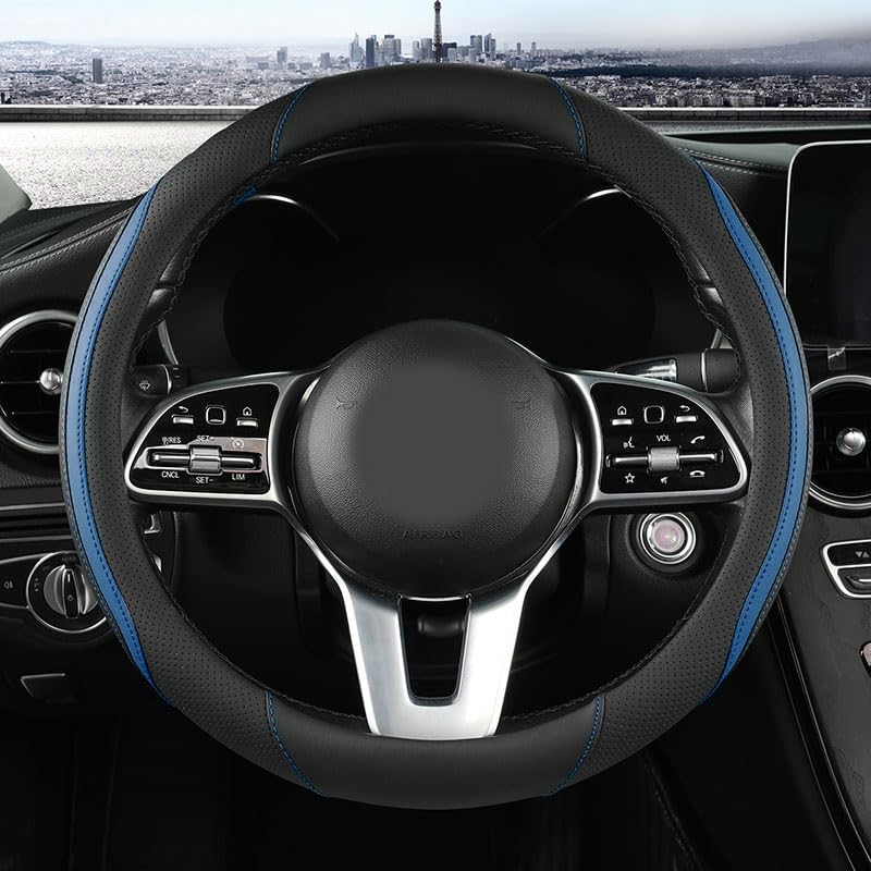 Car Steering Wheel Cover, Leather Steering Wheel Cover Blue Universal 14.5-15 Inch Microfiber Leather Anti-Slip Breathable Auto Steering Wheel Covers for Men Women (Black&Blue-2) - color: Blue-2A