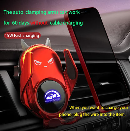 Car Phone Holder Mount Wireless Charging Auto Clamping Rotatable Vent Clip Cute Red Demon for iPhone Samsung Galaxy Andriod Phone - style: Red demond