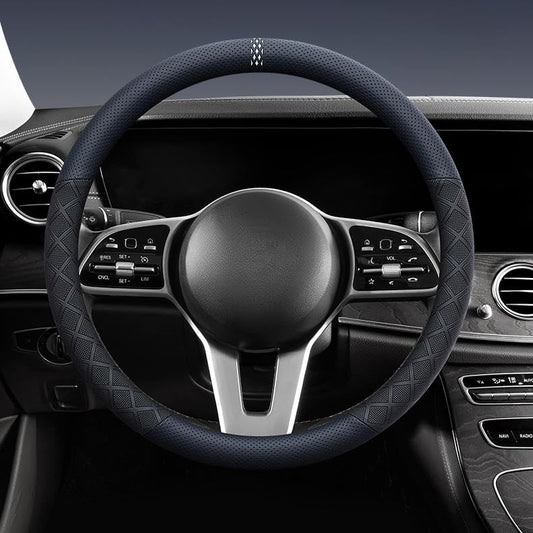 Ultra-Thin Napa Leather Steering Wheel Cover with 3D Anti-Slip Diamond Grip, Breathable Non-Bulky Design, Universal Fit 15 Inch for Cars & SUVs - color: black&navy blue