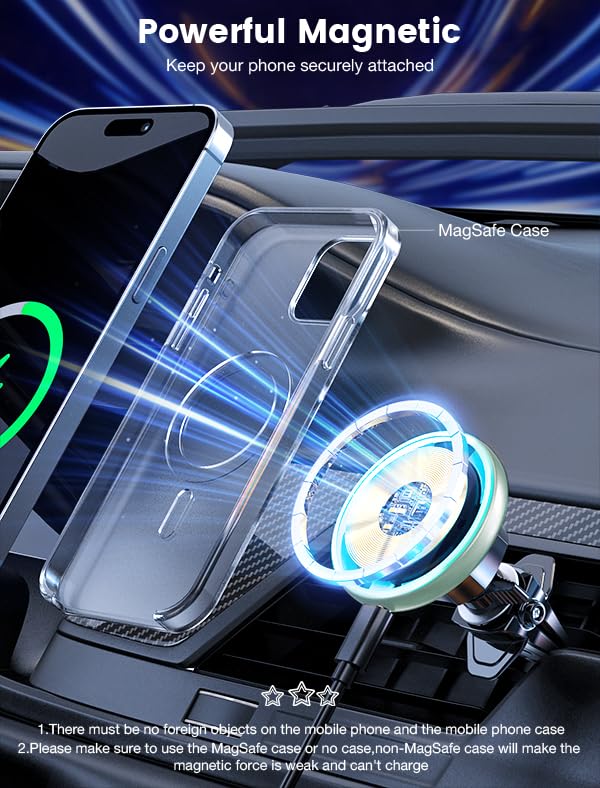 MOKPR for Magsafe Car Mount Charger-15W Wireless Car Charger-Magnetic Car Phone Holder for Dash Air Vent-LED RGB HandsFree Car Mount Fast Car Charger for iPhone 16 15/14/13/12 Series Green - color: Mint Green