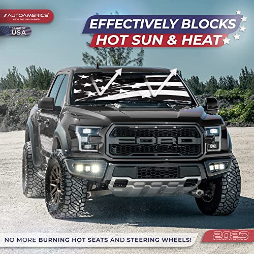 Autoamerics Truck Windshield Sun Shade with Storage Pouch & Anti-Slip Dash Pad - Foldable B&W Art USA Flag Design - Fits Most SUVs & Trucks - Block UV Rays and Keeps Vehicle Cool | XL (66 x 36 inches) - color: USA B&W ART FLAG, size: X-LARGE = 66 x 36 inc