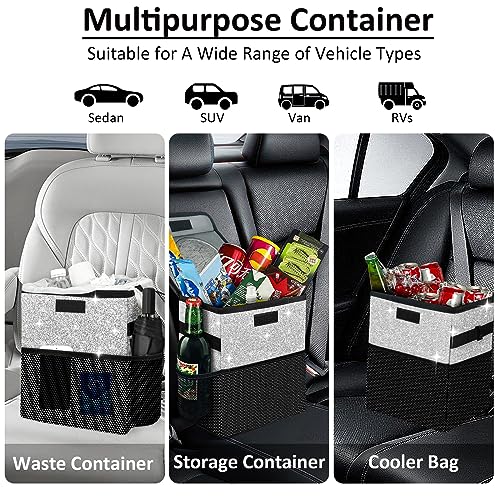 Cute Mini Car Trash Bag with Lid, Glitter Garbage Can Bin Hanging for Back/Front Seat/Console, Waterproof, Leakproof, 2.5 Gallon, Silver Bling Sparkly - color: Silver Bling Sparkly