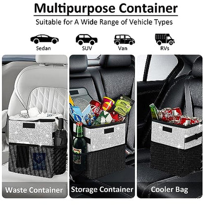 Cute Mini Car Trash Bag with Lid, Glitter Garbage Can Bin Hanging for Back/Front Seat/Console, Waterproof, Leakproof, 2.5 Gallon, Silver Bling Sparkly - color: Silver Bling Sparkly