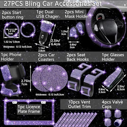 NBTEPEM 27 PCs Purple Violet Bling Car Accessories Set for Women, Steering Wheel Covers Universal Fit 15 Inch, Bling License Plate Frame, Bling Phone Holder, Bling Car Coasters - color: Purple Violet Diamond