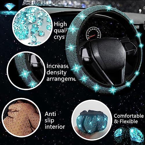NBTEPEM 27 PCs Aquamrine Bling Car Accessories Set for Women, Steering Wheel Covers Universal Fit 15 Inch, Bling License Plate Frame, Bling Phone Holder, Bling Car Coasters (Aquamrine Diamond) - color: Aquamrine Diamond