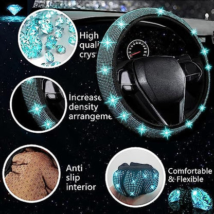NBTEPEM 27 PCs Aquamrine Bling Car Accessories Set for Women, Steering Wheel Covers Universal Fit 15 Inch, Bling License Plate Frame, Bling Phone Holder, Bling Car Coasters (Aquamrine Diamond) - color: Aquamrine Diamond