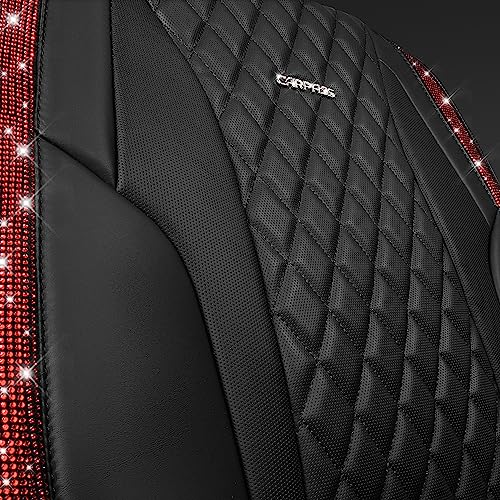 CAR PASS Nappa Leather Bling Diamond Black Red Seat Covers Full Set, Waterproof Calfskin Heavy-Duty Anti-Slip, Universal Fit for 95% Auto SUV Sedan Truck, Glitter Sparkle Shining (Red Rhinestone) - color: Black and Red Diamond, size: Full Set