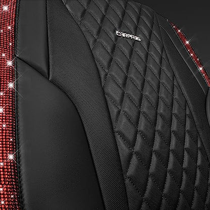 CAR PASS Nappa Leather Bling Diamond Black Red Seat Covers Full Set, Waterproof Calfskin Heavy-Duty Anti-Slip, Universal Fit for 95% Auto SUV Sedan Truck, Glitter Sparkle Shining (Red Rhinestone) - color: Black and Red Diamond, size: Full Set
