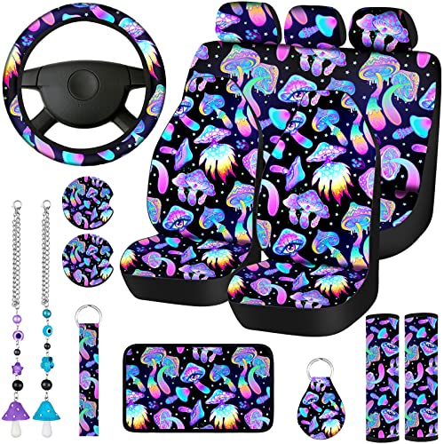 Riakrum 17 Pcs Mushroom Car Seat Covers Mushroom Car Accessories Full Set for Women Men Automotive Rear Front Seat Protector View Mirror Hanging Ornament Steer Wheel Belt Cover(Colorful Mushroom) - style: Colorful Mushroom