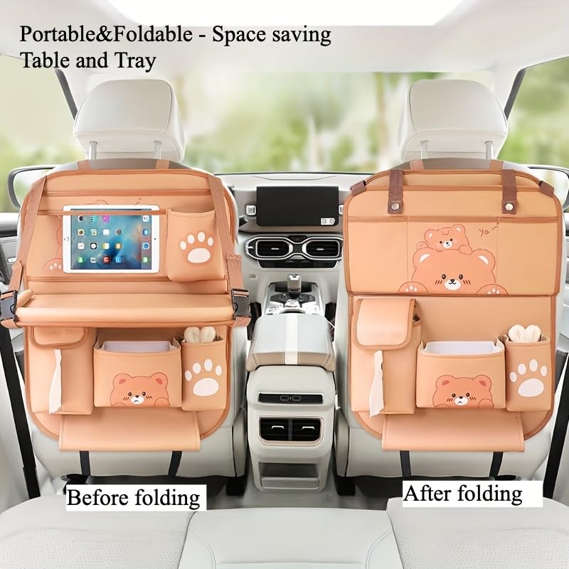Car Organizer for Back Seat - Bear Design Storage Bag with Multi-Pockets, Kick Mat, Cup Holder, Trash Can, Table & Phone Holder | PU Leather, Waterproof, Easy Clean Car Accessories