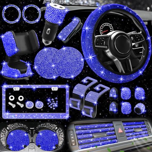 NBTEPEM 27 PCs Blue Bling Car Accessories Set for Women, Steering Wheel Covers Universal Fit 15 Inch, Bling License Plate Frame, Bling Phone Holder, Bling Car Coasters (Blue Diamond) - color: Blue Diamond