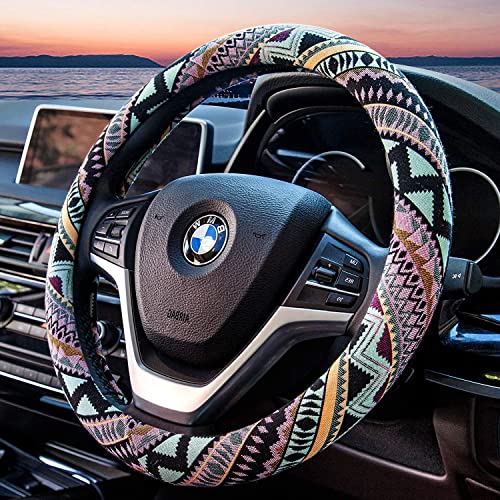 Valleycomfy Cloth Steering Wheel Covers for Women Bohemian Universal 15 inch Baja Blanket Enthic Maya - color: ClothB