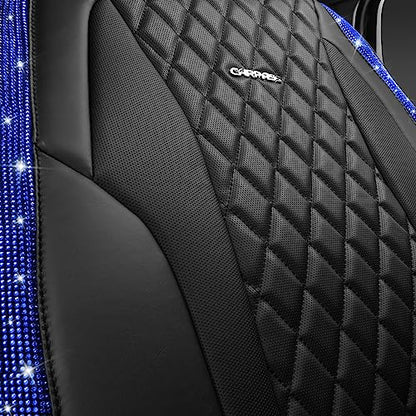 CAR PASS Nappa Leather seat Covers Bling Diamond Car Seat Covers Full Set Universal Cushioned, Waterproof Heavy-Duty Anti-Slip Luxury, Fit for SUV Sedan,Sparkly Glitter Women Crystal Blue Rhinestone - color: Blue Diamond, size: Full Set