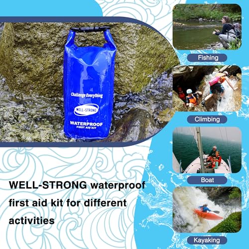 Boat First Aid Kit Waterproof, WELL-STRONG Marine Emergency Kit with Roll Top Dry Bag for Boating Fishing Kayaking – Water-Resistant Contents for Camping & Beach（Blue） - color: Ws011-blue