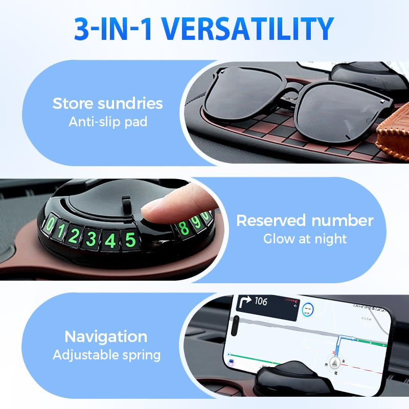 Universal Anti-Slip Car Dashboard Mat, 2026 New 360° Rotatable Phone Holder Dashboard Pad with Temporary Parking Number, Anti Skid Organizer for Phone Sunglasses Keys (Brown Black) - color: Brown Black