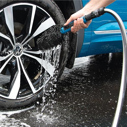 Unger 7” Hydropower Wheel & Detail Brush with Adjustable On/Off Water Control Valve for Car and Auto Cleaning, Non-Scratch Microfiber Sleeve, Machine Washable, Flexible for Rims, Tires, and Wheels