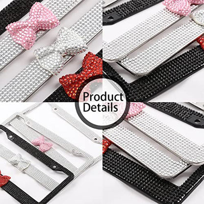 AUCELI Bling License Plate Frame, 2 Pack Stainless Steel Crystal Bow Car Plate Covers, US Vehicle License Bracket Holder with Rhinestone Mounting Bolts, Sparkly Car Accessories for Women (White/Pink) - color: White/Pink