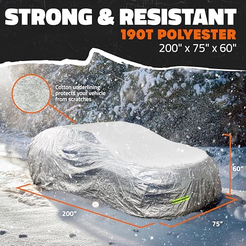 Mockins 200"x75"x60" Large Car Cover for Sedan | 190T Polyester Soft Outdoor & Indoor Car Covers for Automobiles with Buckle Strap| Full Exterior Covers for Snow, Frost, UV, Dust & Light Rain Defense - size: Sedan - Large - 200" X 75" X 60"
