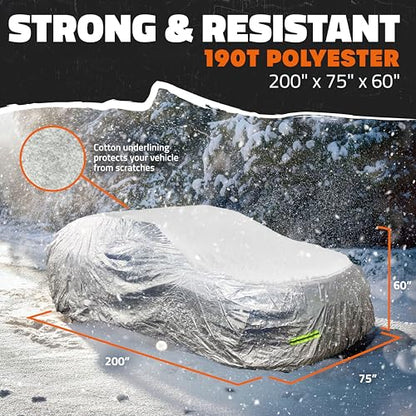 Mockins 200"x75"x60" Large Car Cover for Sedan | 190T Polyester Soft Outdoor & Indoor Car Covers for Automobiles with Buckle Strap| Full Exterior Covers for Snow, Frost, UV, Dust & Light Rain Defense - size: Sedan - Large - 200" X 75" X 60"