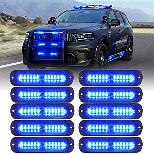 Xprite Blue LED Emergency Strobe Lights Kit for Vehicles - Flush Mount Grille Light, Surface Mount, High Visibility for Police, Fire, EMS, and Security Patrols - 10PCS - color: Blue, size: 10PCS
