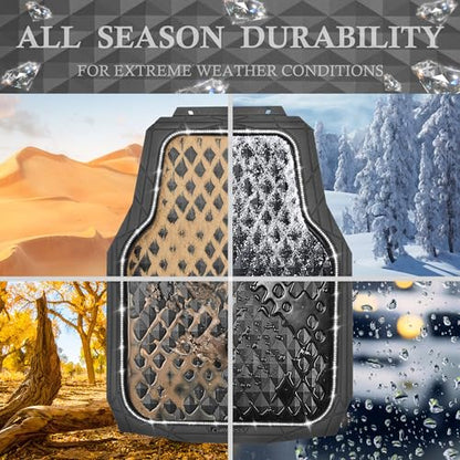 CAR PASS Bling Diamond Black Rubber Car Mats, Heavy Duty Deep Dish All-Weather Floor Mat Anti-Slip 3D Rhombus Waterproof Trim to Fit Liner Universal Glitter Sparkly Shining Rhinestone, 3 Pcs Silver - color: Silver Diamond
