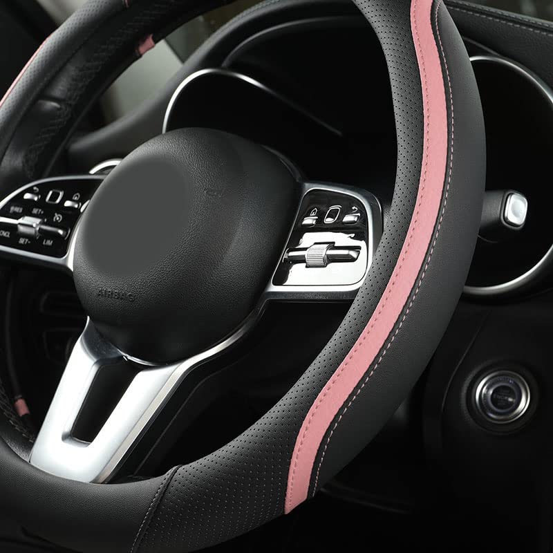 Car Steering Wheel Cover, Leather Steering Wheel Cover Pink Universal 14.5-15 Inch Microfiber Leather Anti-Slip Breathable Auto Steering Wheel Covers for Men Women (Black&Pink) - color: Pink