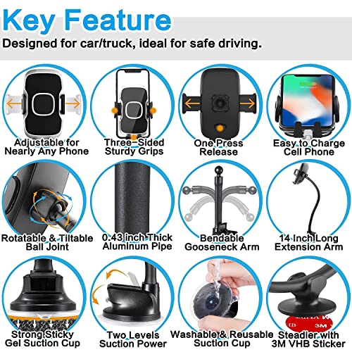 1Zero Solid Car Truck Phone Mount Holder with 14-Inch Gooseneck Long Arm, Windshield Window Mobile Holders w/Industrial-Strength Suction Cup, Anti-Shake Stabilizer Compatible All Cell Phones iPhone - color: Black Mirror Surface with Silver Ring