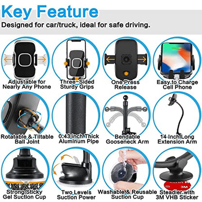 1Zero Solid Car Truck Phone Mount Holder with 14-Inch Gooseneck Long Arm, Windshield Window Mobile Holders w/Industrial-Strength Suction Cup, Anti-Shake Stabilizer Compatible All Cell Phones iPhone - color: Black Mirror Surface with Silver Ring