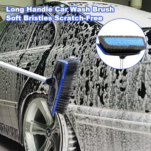 62'' Car Wash Brush with Long Handle, Scratch-Free Car Wash Mop Kit with Car Wash Bucket, Wheel Tire Brush, Wash Mitt Towel, Windshield Squeegee, Car Cleaning Brush Kit for Cars RV Truck Boat
