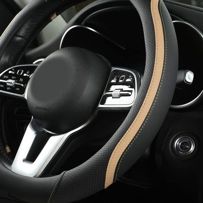 Car Steering Wheel Cover, Leather Steering Wheel Cover Beige Universal 14.5-15 Inch Microfiber Leather Anti-Slip Breathable Auto Steering Wheel Covers for Men Women (Black&Beige) - color: Beige
