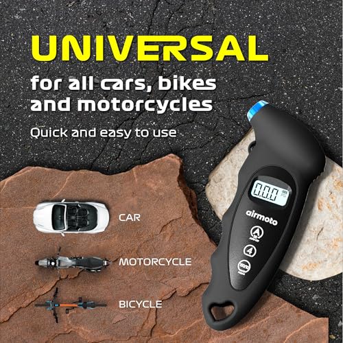 Airmoto Digital Tire Pressure Gauge 0-150PSI (Accurate in 0.1 Increments) - Heavy Duty Tire Pressure Gauge for Car, Bike, Motorcycle, Truck with Backlight LCD, Car Accessories, Black