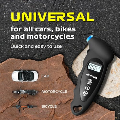 Airmoto Digital Tire Pressure Gauge 0-150PSI (Accurate in 0.1 Increments) - Heavy Duty Tire Pressure Gauge for Car, Bike, Motorcycle, Truck with Backlight LCD, Car Accessories, Black
