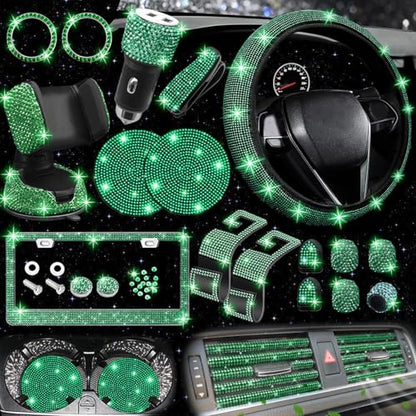 NBTEPEM 27 PCs Green Bling Car Accessories Set for Women, Steering Wheel Covers Universal Fit 15 Inch, Bling License Plate Frame, Bling Phone Holder, Bling Car Coasters (Green Diamond) - color: Green Diamond