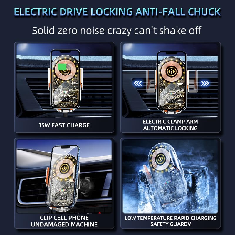Wireless Car Charger, 15W Fast Charging Auto-Clamping Car Charger Phone Mount Air Vent Cell Phone Holder Compatible with iPhone 16 Pro Max/15/14/13/12/11, Samsung Galaxy S23/S22/S21/S20, etc - color: Black