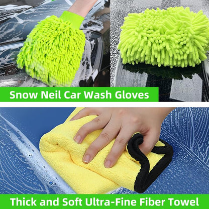 62" Car Wash Brush with Long Handle, Chenille Microfiber Car Wash Mop Mitt, Wheel Brush, Windshield Window Squeegee, Microfiber Towel, Gloves, Car Cleaning Brush Kit Supplies for Car,Truck,SUV,RV,Boat - size: 12 Pack