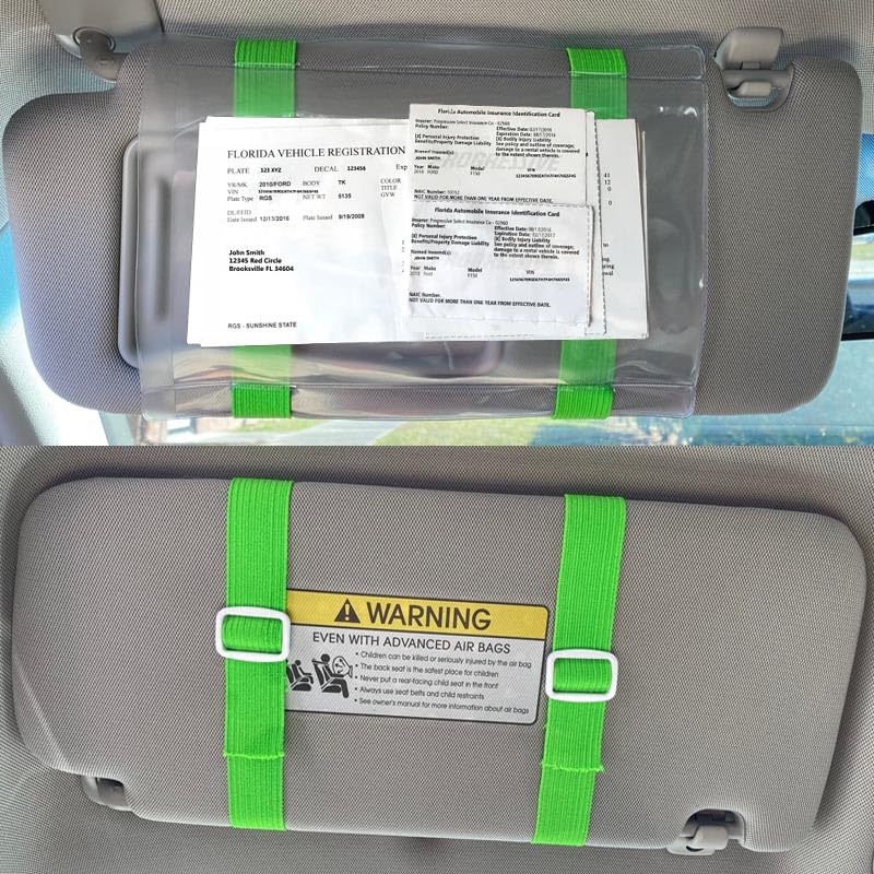 Car Registration and Insurance Holder Visor - Durable Elastic Band & Buckle Closure Conveniently Stores Documents - Essential Car Accessory (Neon Green/White), Made in USA - color: Neon Green