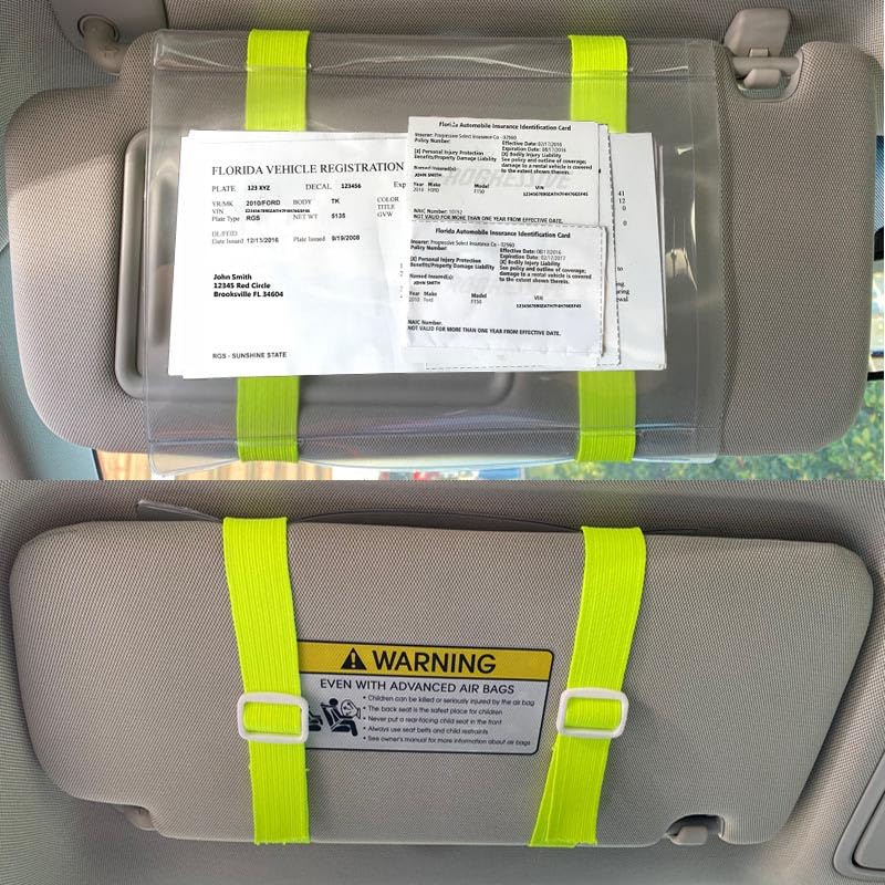 Car Registration and Insurance Holder Visor - Durable Elastic Band & Buckle Closure - Conveniently Stores Documents - Essential Car Accessory (Neon Yellow / White), Made in USA - color: Neon Yellow